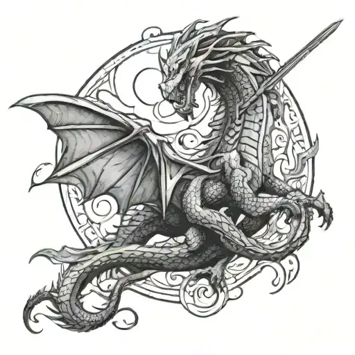 dragon with moon and sword tattoo design idea