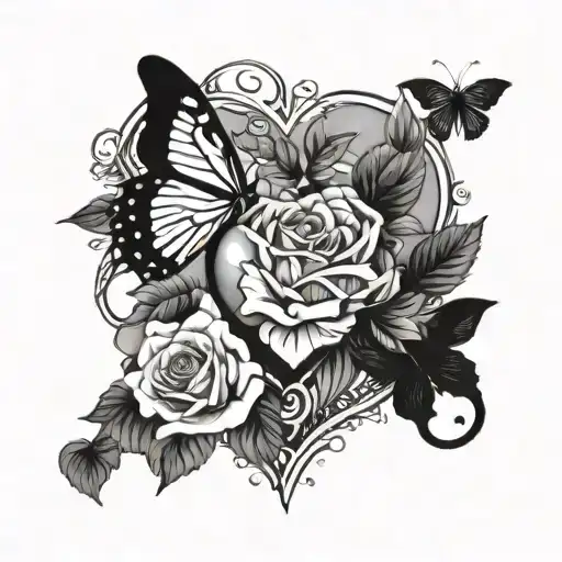 heart and roses with butterflies tattoo design idea