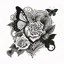 heart and roses with butterflies tattoo design idea