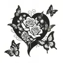 heart and roses with butterflies tattoo design idea