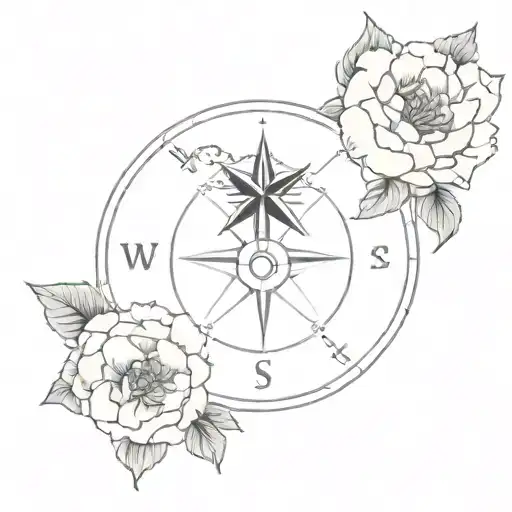 vintage compass, peony flower, snake with vines tattoo design idea