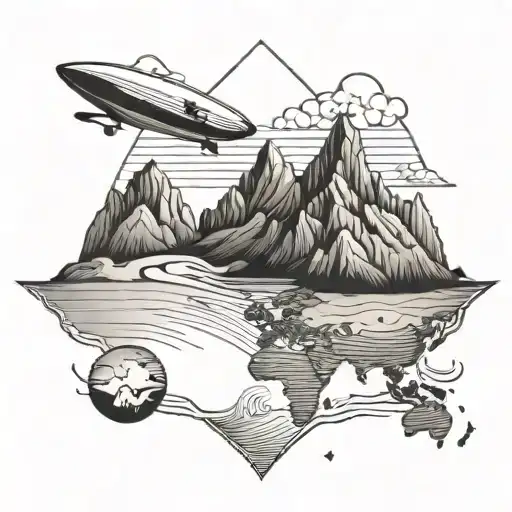 A traveler's map with surfboards and mountains marking different locations tattoo design idea