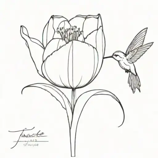 a tulip with a signature on the stem with a hummingbird  tattoo design idea