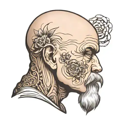 bald head profile holding tattoo design idea