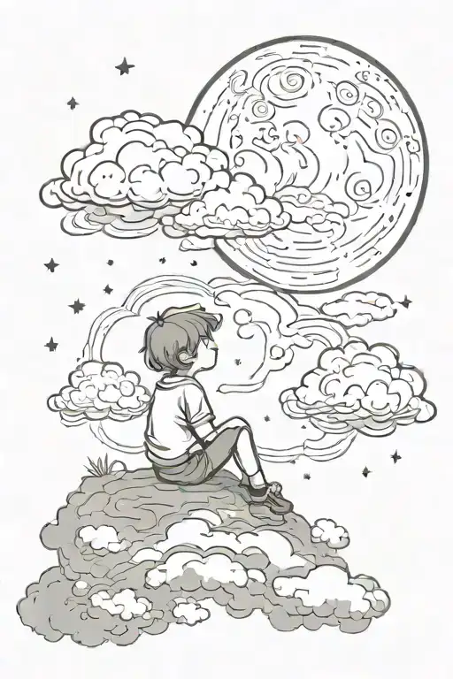 Clouds, stars, a boy sitting on a cloud looking at the growing moon tattoo design idea