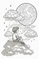 Clouds, stars, a boy sitting on a cloud looking at the growing moon tattoo design idea