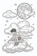 Clouds, stars, a boy sitting on a cloud looking at the growing moon tattoo design idea