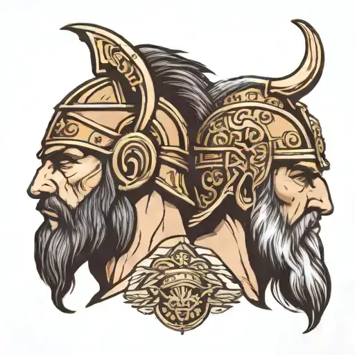 Greek warrior head with a viking head profile holding tattoo design idea