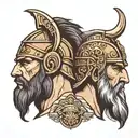 Greek warrior head with a viking head profile holding tattoo design idea