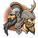 Greek warrior head with a viking head profile holding tattoo design idea