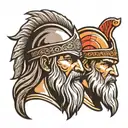 Greek warrior head with a viking head profile holding tattoo design idea