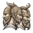 Greek warrior head with a viking head profile holding tattoo design idea
