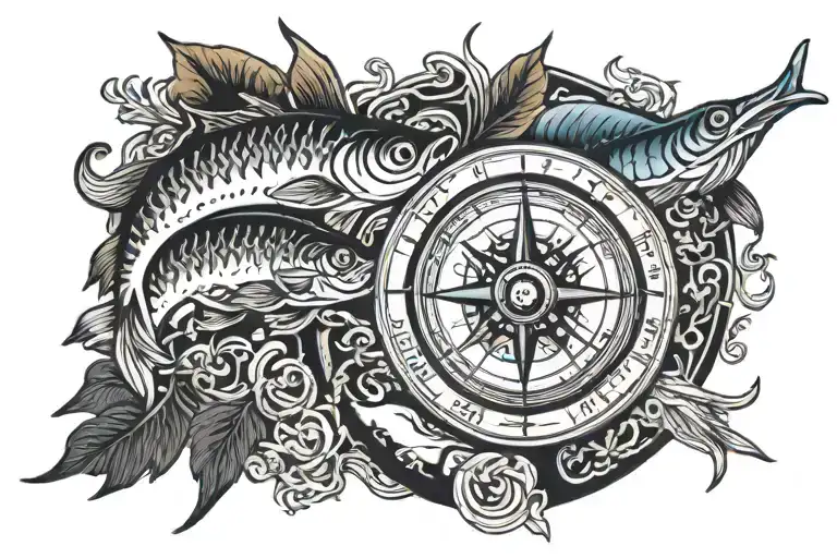 compass sardines tattoo design idea