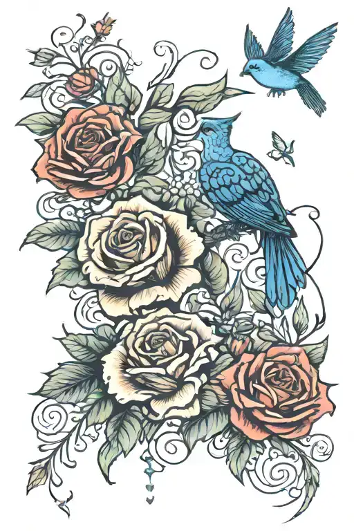 roses, carnations, humming bird, cardinal, bluebird, squirrel  tattoo design idea