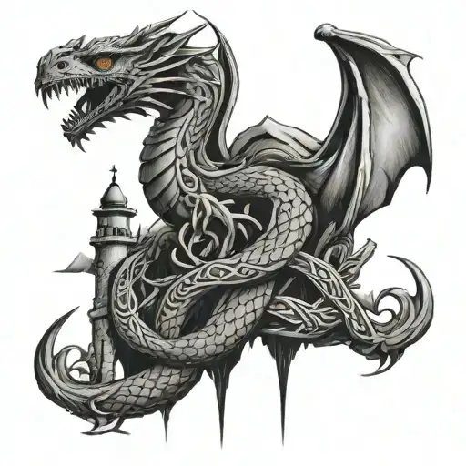 mountain dragon lighthouse Celtic knotwork intertwined tattoo design idea
