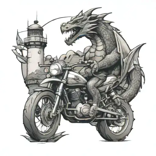motorbike mountain dragon lighthouse tattoo design idea