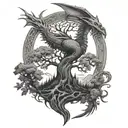 mountain dragon lighthouse Celtic tree of life tattoo design idea