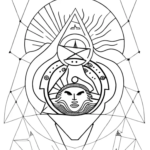 An aesthetic representation of the sun god Apollo surrounded by simple celestial objects in a minimalist style tattoo design idea