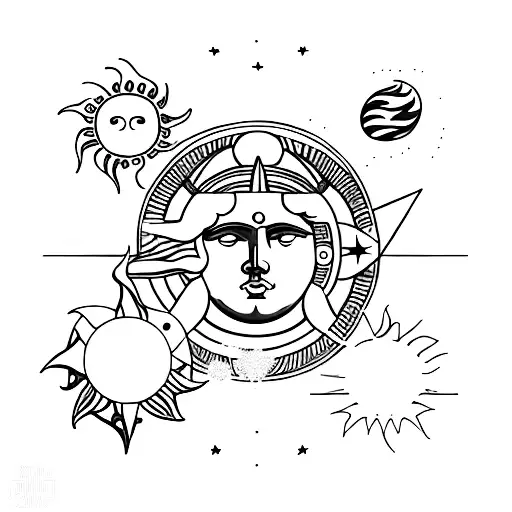 An aesthetic representation of the sun god Apollo surrounded by simple celestial objects in a minimalist style tattoo design idea