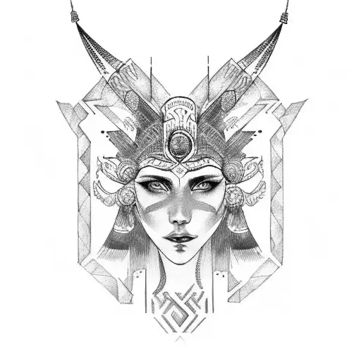 Nordic goddess with tribal-inspired headdress tattoo design idea