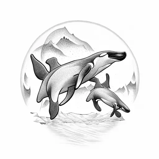 Orcas swimming in Arctic, polar bear on ice, polar sun above  tattoo design idea