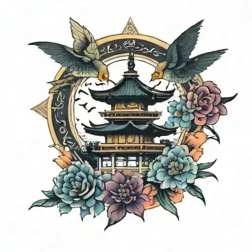 pagoda with coloured flower sun and birds with a famous Japanese quote tattoo design idea
