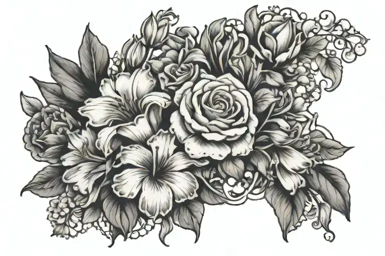 Mitchell in large font surrounded by carnation, iris, daffodil, daisy, lily of the valley, and rose tattoo design idea