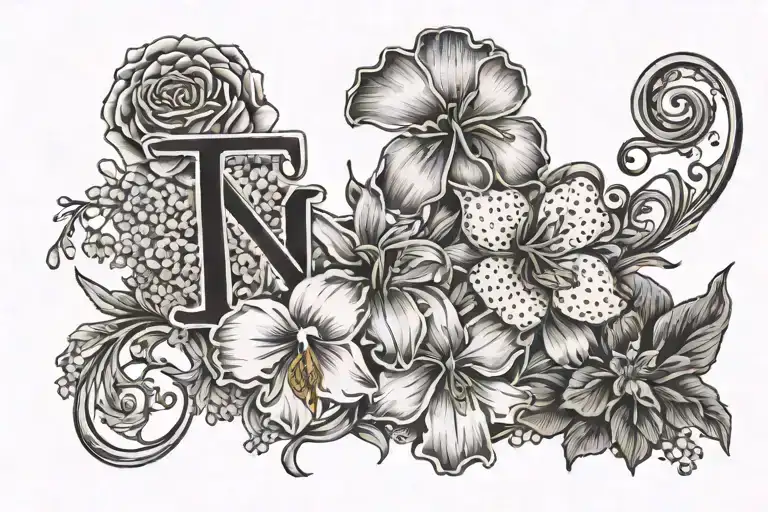 Mitchell in large font surrounded by carnation, iris, daffodil, daisy, lily of the valley, and rose tattoo design idea