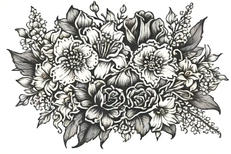 the word mitchell surrounded by carnation, iris, daffodil, daisy, lily of the valley, and rose tattoo design idea