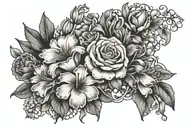 Mitchell in large font surrounded by carnation, iris, daffodil, daisy, lily of the valley, and rose tattoo design idea