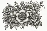 Mitchell in large font surrounded by carnation, iris, daffodil, daisy, lily of the valley, and rose tattoo design idea
