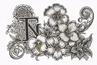 Mitchell in large font surrounded by carnation, iris, daffodil, daisy, lily of the valley, and rose tattoo design idea