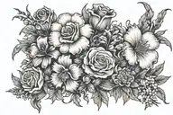 Mitchell in large font surrounded by carnation, iris, daffodil, daisy, lily of the valley, and rose tattoo design idea