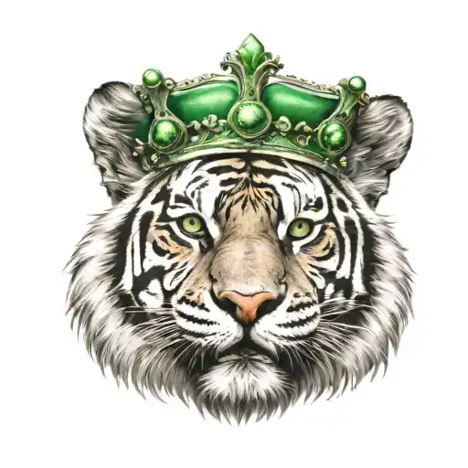 tiger face with green eyes and royal crown on head tattoo design idea