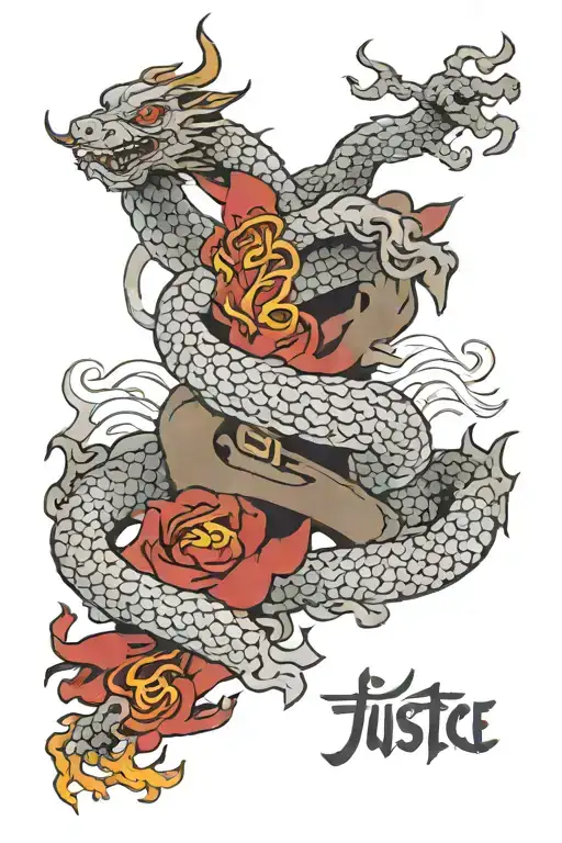 Japanese word 'justice' written down back with a chinese dragon wrapping around it tattoo design idea