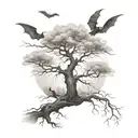 Long bulky leafless tree surrounded by fog and bats tattoo design idea
