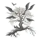 Long bulky leafless tree surrounded by fog and bats tattoo design idea