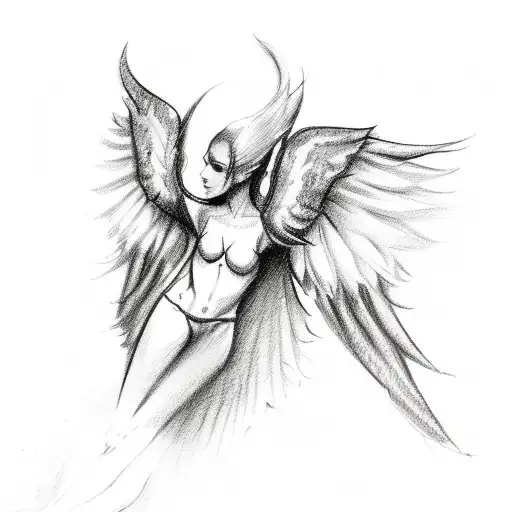 A sketch-like depiction of half angel and half devil wings with a dark and mysterious aura tattoo design idea
