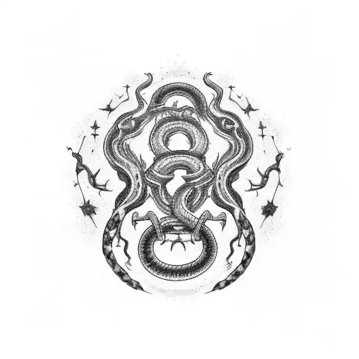 A haunting gothic scene of a Virgo constellation surrounded by smoke and snakes tattoo design idea