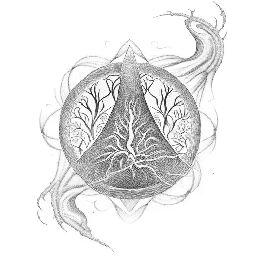 A captivating blackwork tattoo of a haunting hourglass filled with swirling smoke, adorned with intricate spider webs and surrounded by silhouettes of trees. tattoo design idea