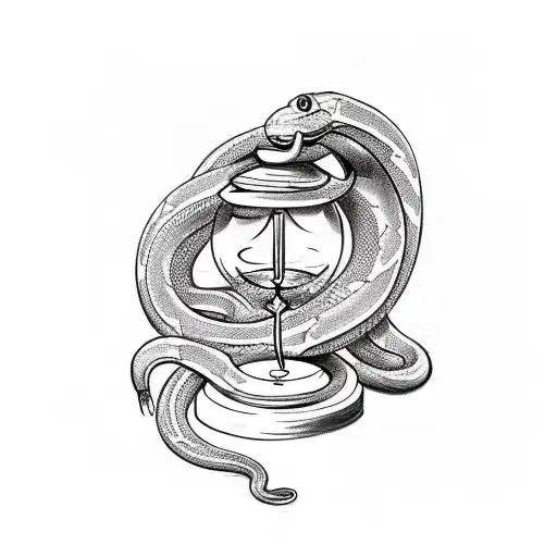 A sketch-style tattoo featuring a snake coiled around an hourglass with smoke billowing out of it tattoo design idea