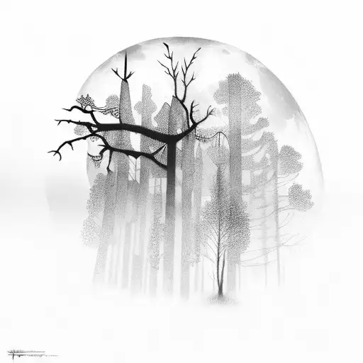 A hauntingly beautiful moonlit forest with spiderwebs hanging from the trees tattoo design idea