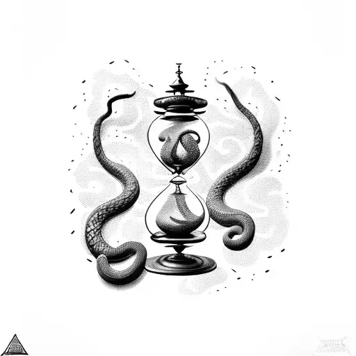 An intricate dotwork tattoo of a snake coiled around an hourglass filled with smoke, symbolizing the passage of time in the haunting outdoors. tattoo design idea