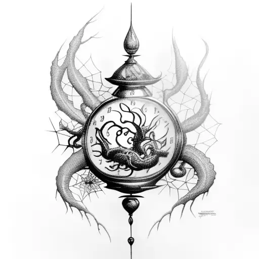 A captivating blackwork tattoo of a haunting hourglass filled with swirling smoke, adorned with intricate spider webs and surrounded by silhouettes of trees. tattoo design idea