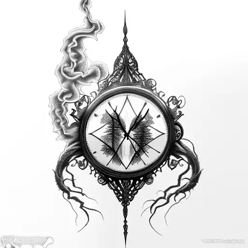 A captivating blackwork tattoo of a haunting hourglass filled with swirling smoke, adorned with intricate spider webs and surrounded by silhouettes of trees. tattoo design idea
