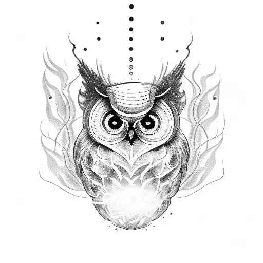 A dotwork tattoo of a skull surrounded by swirling smoke, with a haunting image of an owl in the background tattoo design idea