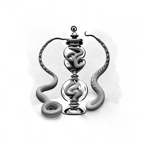 An intricate dotwork tattoo of a snake coiled around an hourglass filled with smoke, symbolizing the passage of time in the haunting outdoors. tattoo design idea