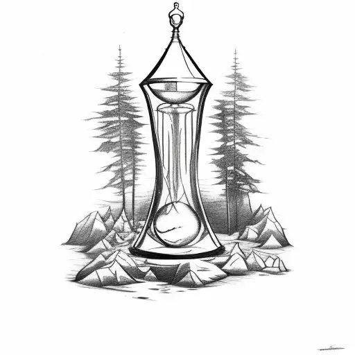 Sketch-style tattoo of a haunted hourglass nestled within a dense forest tattoo design idea