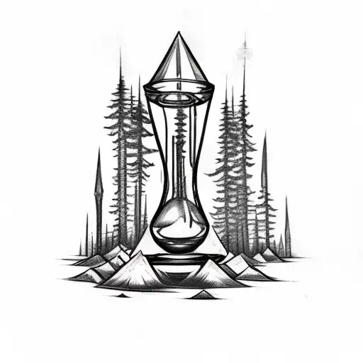 Sketch-style tattoo of a haunted hourglass nestled within a dense forest tattoo design idea