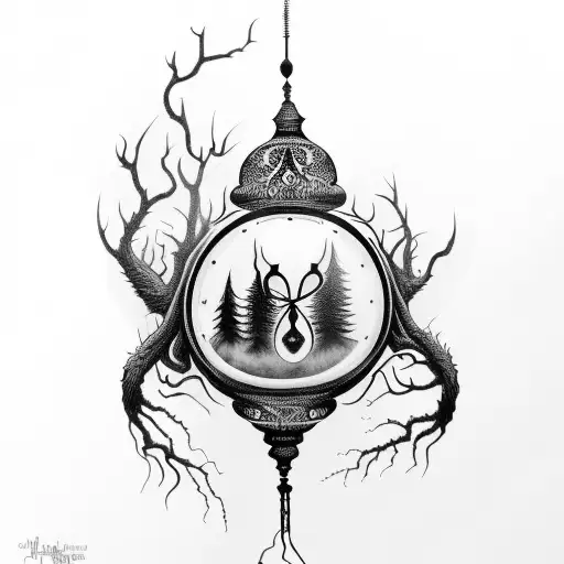 A captivating blackwork tattoo of a haunting hourglass filled with swirling smoke, adorned with intricate spider webs and surrounded by silhouettes of trees. tattoo design idea